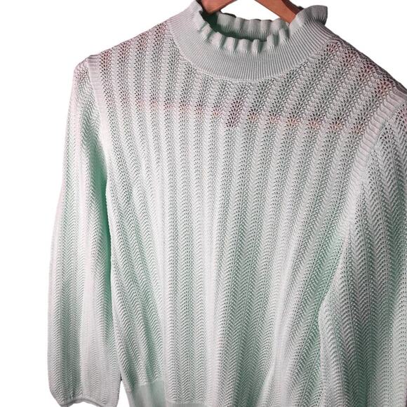 J. Crew Mint Green Sweater Womens M Ruffle Mock Neck Pointelle Knit Pullover NWT - Picture 4 of 9